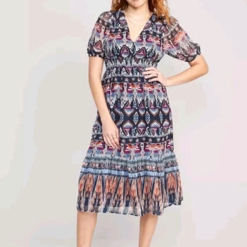Old Navy Aztec Southwest Navy Boho Festival Smocked Waist V Neck Plus Midi Dress